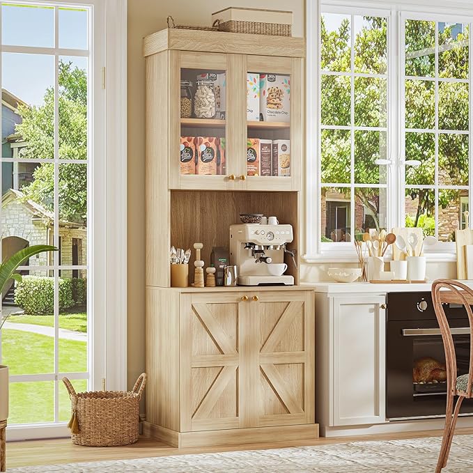 71" Farmhouse Kitchen Pantry Cabinet Set of 2, Brown Freestanding Coffee Bar Hutch with Glass Doors, Drawers & Adjustable Shelves, Large Storage Cabinet with Microwave Stand for Living Room & Kitchen