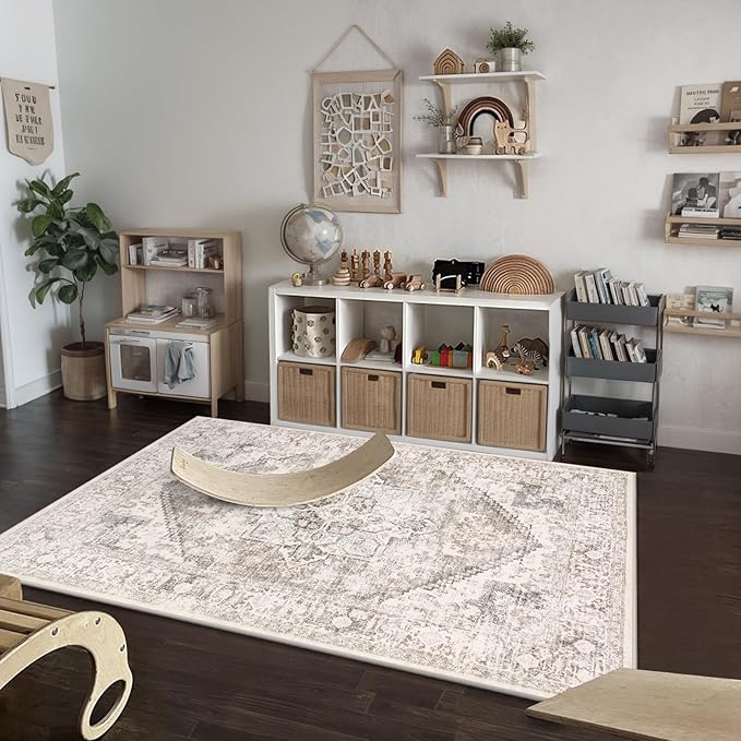 LIVEBOX 5x7 Area Rugs for Living Room, Washable Nursery Beige Neutral Boho Rug, Soft Non-Slip, Low-Pile Vintage Medallion, Retro Faux Wool for Dining Room, Bedroom, Office