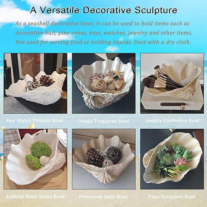 Resin Seashell Decorative Bowl Large Clam Shell Storage Bowl for Coffee Table Centerpiece Home Kitchen Entryway Table Decor Beach Themed Wedding Party Decoration (Wood Color)