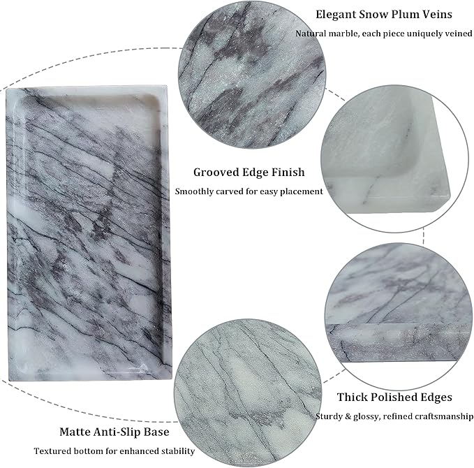 White Marble Vanity Tray – 10.63"x5.91" Rectangular Natural Stone Organizer for Bathroom Perfume Makeup Jewelry Dresser Entryway