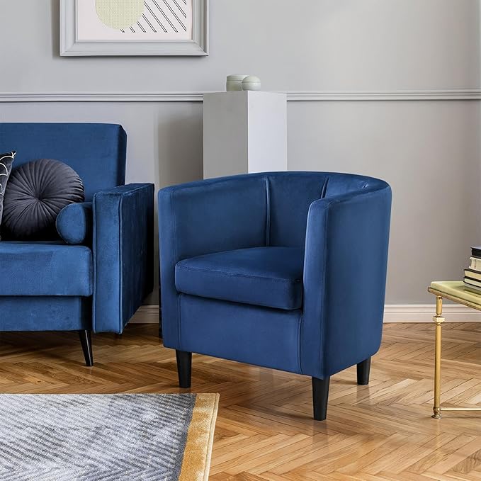 Yaheetech Velvet Accent Chair, Modern and Comfortable Armchairs, Upholstered Barrel Sofa Chair for Living Room Bedroom Waiting Room, Blue