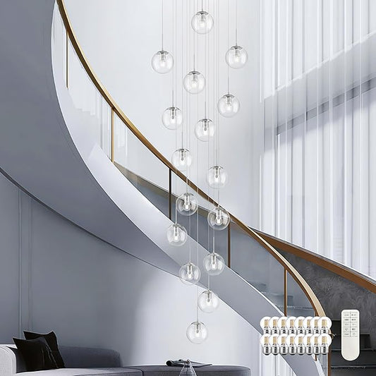 KoKo&Yukina 16-Light Nickel Mid Century Modern Chandelier for Living Room Staircase Chandelier for Entryway Clear Globe Glass Chandelier High Ceiling Chandeliers Foyer Entryway (Bulb & Remote Incl.)