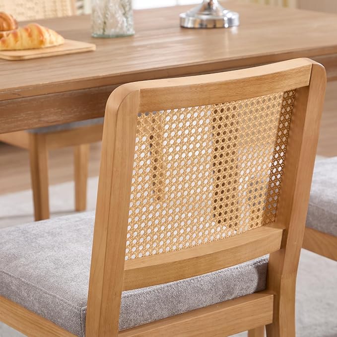 LukeAlon Farmhouse Rattan Dining Chairs Set of 2, Mid Century Modern Chenille Kitchen & Dining Chairs with Solid Wood Legs, Woven Cane Upholstered Kitchen Chairs Side Chairs for Dining Room, Grey