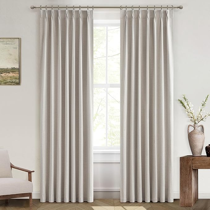 100% Blackout Thermal Curtains 84 Length 2 Panels Set for Bedroom, Linen Windows Pinch Pleated Drapes with Hooks for Track 7ft Modern Rustic Living Room Darkening Curtains 84 Inches Long Off White