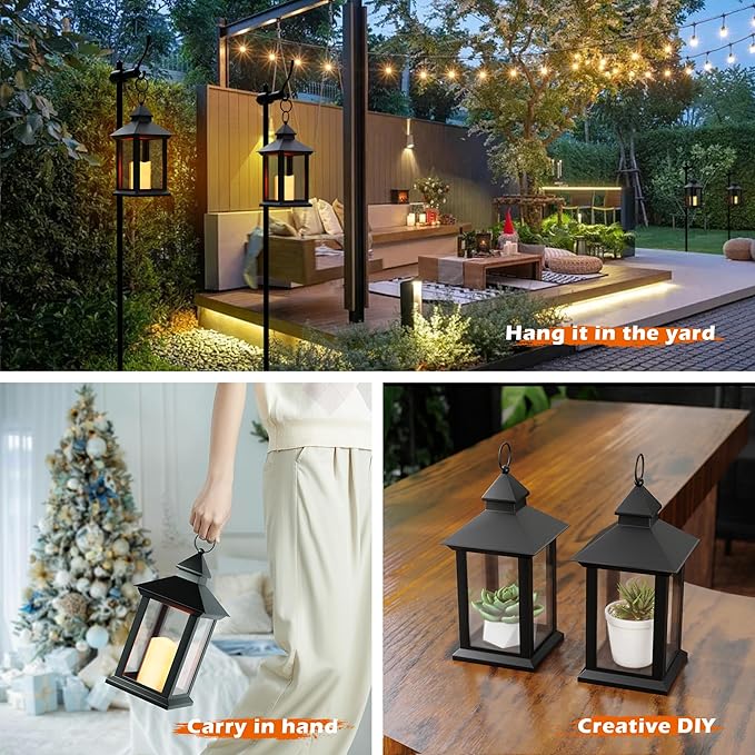 14" Lanterns Decorative Indoor, Black Lantern Decor with Timer Flameless Candle, Vintage Farmhouse Outdoor Lanterns, Waterproof Hanging Lantern for Patio, Porch, Entryway, Centerpieces