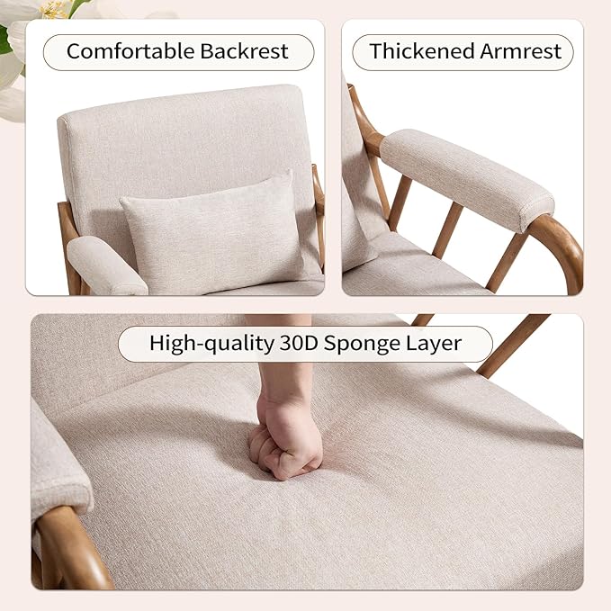ANJ Mid Century Modern Accent Chair，Living Room Chairs with Wood Frame &Lumbar Pillow, Upholstered Reading Armchair for Bedroom