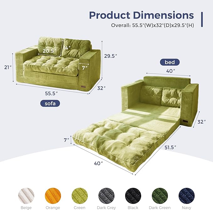 MAXYOYO Convertible Sofa Bed, Pull Out Loveseat Sleeper Sofa, 2 in 1 Folding Couch Bed, Fold Out Floor Couch with Pillows for Living Room Bedroom Lounge, Green