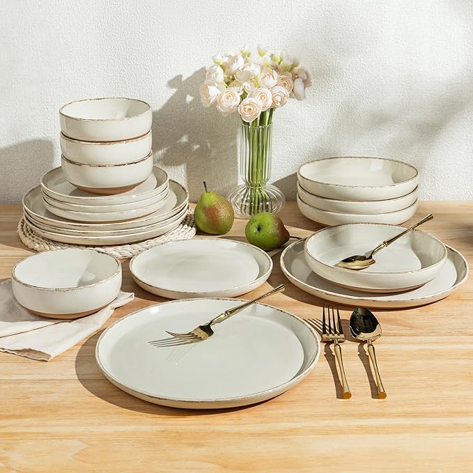 AmorArc 32 Pieces Ceramic Dinnerware Sets for 8, Handpainted Plates and Bowls Set with Rustic Terracotta Underside, Scratch Resistant Stoneware Dishes Set, Dishwasher & Microwave Safe, Light Beige