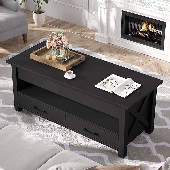 Seventable Coffee Table, 47.2" Lift Top Coffee Table with 2 Storage Drawers and Hidden Compartment, X Wood Farmhouse Support, Retro Center Table with Lift Tabletop for Living Room,Black