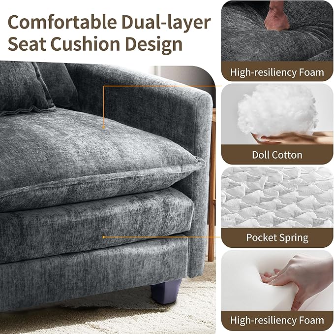 SweetGO corporation 40" Chenille Lounge Chair for Reading, Modern Couch Cozy Sofa Bed, Upholstered Living Room Single Sofa Accent Chair with Ottoman, Grey