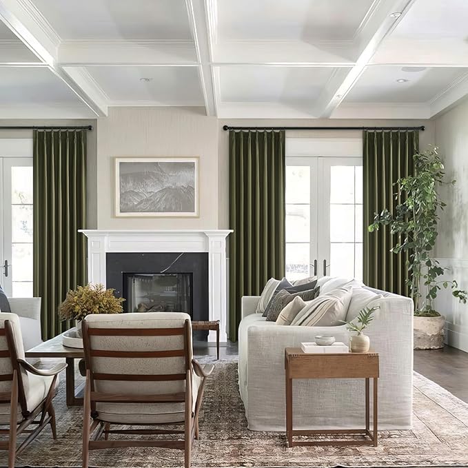 Topfinel Olive Green 100 Inch Long Black Out Custom Curtains, Double Pinch Pleated Window Coverings, Nursery Kids Summber Boho Farmhouse Heat Blocking Sound Block Back Tab Curtains for Sliding Door