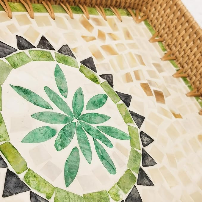 i-lan Set of 3 15" Rattan Woven Serving Tray Basket with MOP Wooden Base and Handles, Boho Wicker Coffee Table Décor Serving Tray with 2 Inch Wall, Handmade Display Basket for Everywhere