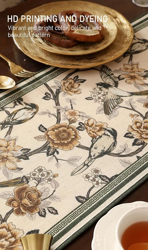Designer Vintage Beige Linen Table Runner 87 Inches Long,Elegant Floral and Bird Pattern Decor Table Runners for Dining Tables,Thanksgiving,Christmas,Banquet,Party,12"*87"-Murad A