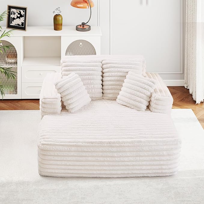 56"W Oversized Chaise Lounge Chair Indoor,Plush Faux Fur Sleeper Sofa Couch Bed with Pillows&Wide Armrest,Fluffy Comfy Cloud Sofa,Compression Foam Boneless Couch for Living Room,Bedroom(Beige)