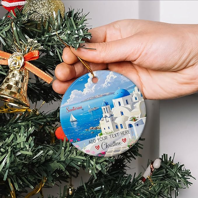 Santorini Greece Ceramic Christmas Ornament 2025, Personalized Santorini Greece Vacation Trip Ornaments, Custom Name/Text Beach Travel Xmas Tree Decorations, Thira Thira Island Ornaments for Mom Dad