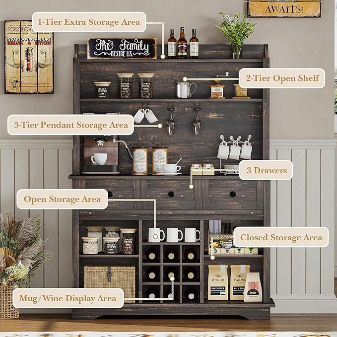 63 Inch Tall Coffee Bar Cabinet with 3-Tier Storage, Kitchen Hutch with 3 Drawers, Farmhouse Coffee Bar with 9 Racks & 3 Glass Holders, Wine Bar Cabinet for Living Dining Room, Oak