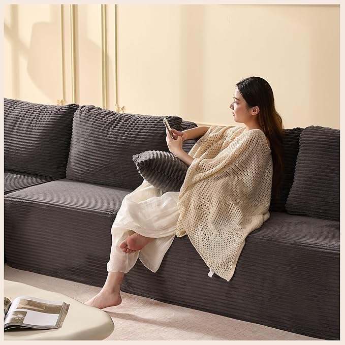 138" Boneless Couch with Deep Seat, Modular Sectional Sofa, Cloud Sectional Couch for Living Room, No Assembly Required, Corduroy, 4 Seater L-Shape Left, Grey