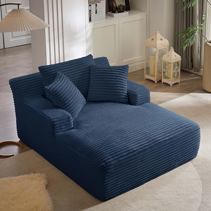 GNIXUU Oversized Chaise Lounge Chair Indoor, Comfy Fluffy Lounge Sofa Upholstered Sleeper Sofa Couch with Throw Pillows and Armrests, Corduroy Plush Cloud Chair for Living Room, Blue