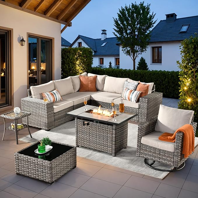 ovios 9 Pieces Patio Furniture Set, Outdoor Wicker Sectional Sofa with 42" Fire Pit Table Swivel Chair, Modern Modular Deep Seat Rattan Couch Conversation Sets, Beige