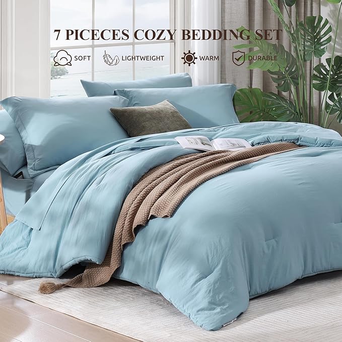 WRENSONGE Queen Comforter Set, 7 Pieces Soft Blue Bed in a Bag Queen with Fitted Sheet, Flat Sheet, 2 Pillow Shams, and 2 Pillowcases- Warm Bedding Sets for All Season