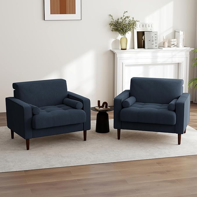UIXE Accent Chair, Corduroy Upholstered Arm Chairs for Living Room, Comfy Armchair Mid-Century Track Armrest Single Sofa Bedroom Reading Seat with 2 Bolster Pillows - Navy Blue, Set of 2