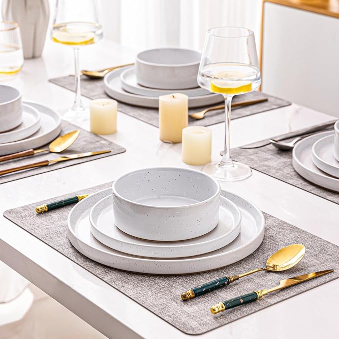AmorArc Ceramic Dinnerware Set for 4 | Speckled Stoneware Plates and Bowls with unglazed terracotta | Scratch Resistant, Dishwasher & Microwave Safe Dishes Sets- 12-Pcs Milk White