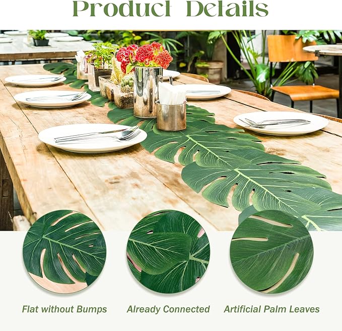 AerWo 4Pcs Artificial Palm Leaves Table Runners 72 Inch, Tropical Palm Leaves Table Runner Faux Leaf Table Cloth for Wedding Hawaiian Luau Jungle Summer Party Tropical Baby Shower Table Decorations