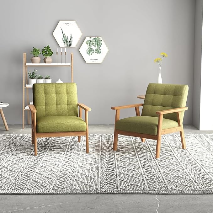 Westice Accent Chairs Set of 2, Mid-Century Living Room Chairs with Solid Wood Frame & Soft Thicken Cushion, Upholstered Arm Reading Chair for Bedroom, Balcony, Green Linen Fabric & Natural Legs