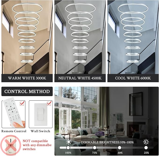 9-Rings D39.4’’ Modern LED Chandelier Silver Dimmable High Ceiling Foyer Chandeliers Entryway with Remote Control for Staircase Entryway Living Room Foyer, 3000K-6500K