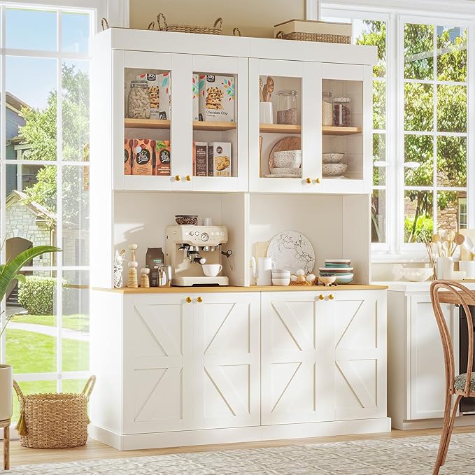 Vyre 71" Farmhouse Kitchen Pantry Cabinet Set of 3, White Freestanding Coffee Bar Hutch with Glass Doors & Adjustable Shelves, Large Storage Cabinet with Microwave Stand for Living Room & Kitchen