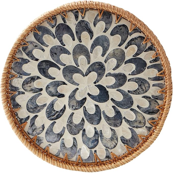 Round Rattan Tray with Mother of Pearl Inlay, Rattan Serving Tray with Wooden Base, Decorative Wicker Basket for Table Decor, Storage and Display of Coffee Bread Food Fruit (Plume 13.5")