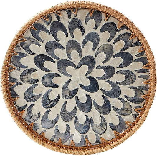 Round Rattan Tray with Mother of Pearl Inlay, Rattan Serving Tray with Wooden Base, Decorative Wicker Basket for Table Decor, Storage and Display of Coffee Bread Food Fruit (Plume 13.5")