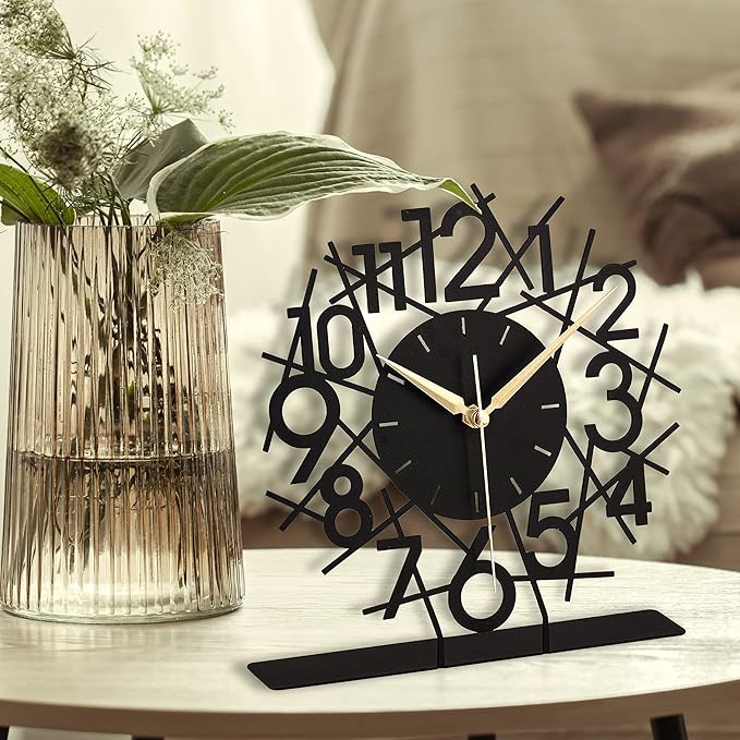 8.9x9.5 Metal Desk Clock, Black Silent Non-Ticking Analog Table Clock, Battery Operated, Decorative Desk and Shelf Clock, Desk Clocks for Living Room Bedroom Kitchen Office School