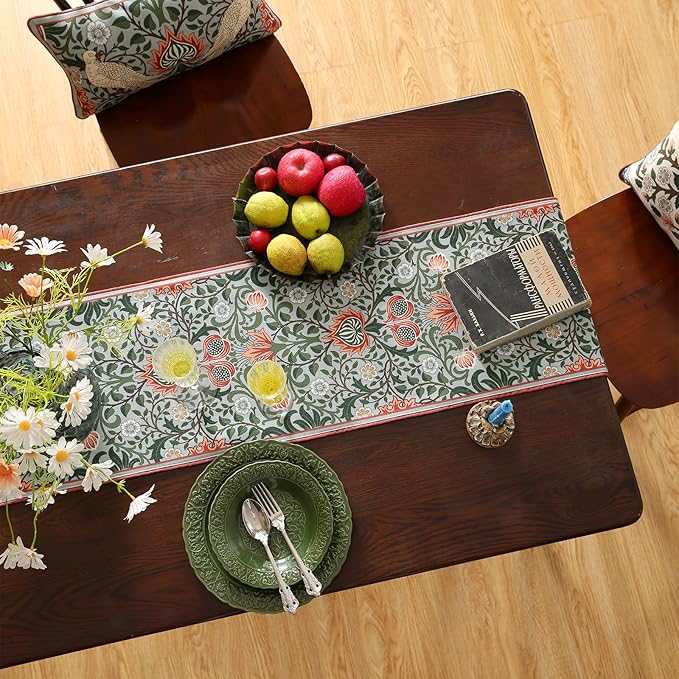 Designer French Green Elegant Linen Table Runner 71 Inches Long,Colorful Flower Pattern Soft Table Runners for Dining Tables,Thanksgiving,Kitchen Tables,Christmas,12"*71"-Naples B