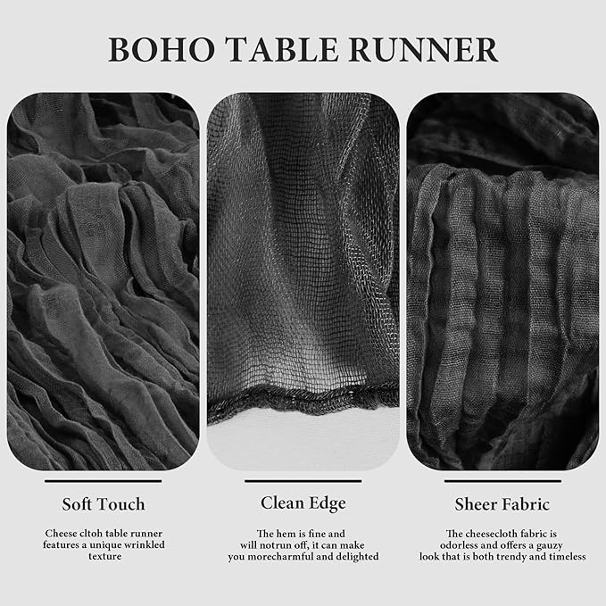 8 Pack 10Ft Black Cheesecloth Table Runner 35x120 Inches Boho Gauze Rustic Cheese Cloth Table Runners, Lightweight Sheer Soft Table Runner for Wedding Bridal Shower Holiday Party Table Decor