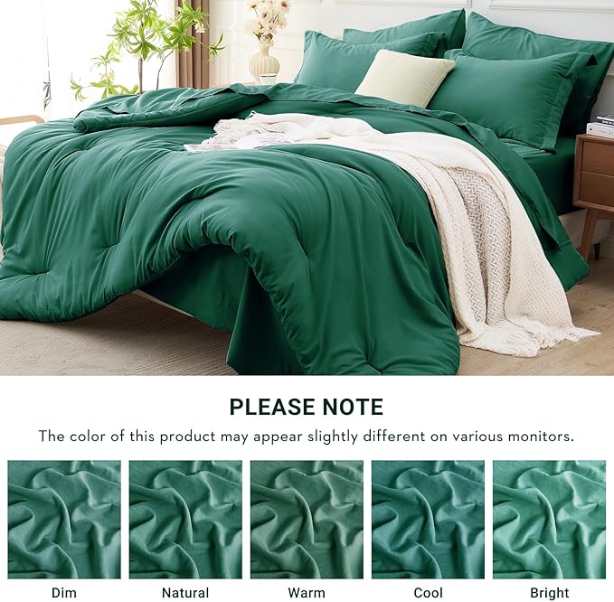 MUXHOMO 7 Pieces Full Comforter Set, Soft Bed in a Bag Full Size, All Season Bedding Set with Comforter, Flat Sheet, Fitted Sheet, Pillowcases & Shams, Emerald Green