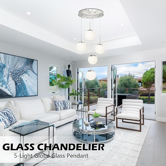 KoKo&Yukina 5-Light Globe Glass Pendant Light Adjustable Length Pendant Lights Fixtures Modern Nickel Chandelier with Milky White Glass Ceiling Lights for Foyer Hallway Bedroom (Bulb & Remote Incl.)