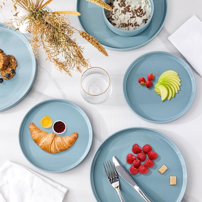 GBHOME Dinnerware Set for 4, 12 Piece Speckled Plates and Bowls Set with Glazed Bottom, Chip & Scratch Resistant Stoneware Plates Sets, Dishwasher & Microwave Safe Dishes (Stone Blue, Service for 4)