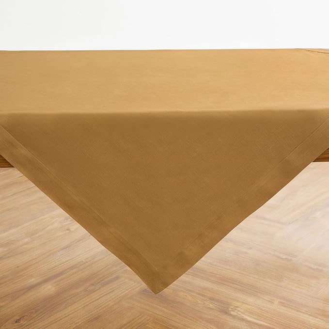 Solino Home Linen Tablecloth 52 x 52 Inch - 100% Pure Linen Caramel Square Tablecloth - Fete, Machine Washable Table Throw for Fall, Autumn, Thanksgiving