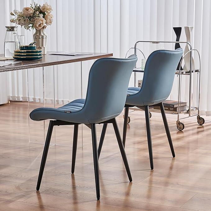 YOUNUOKE Mid-Century Modern Dining Chairs Set of 2, Blue PU Leather Upholstered Kitchen Chairs with Black Metal Legs, Armless Accent Chair for Dining Room, Guest Reception Room