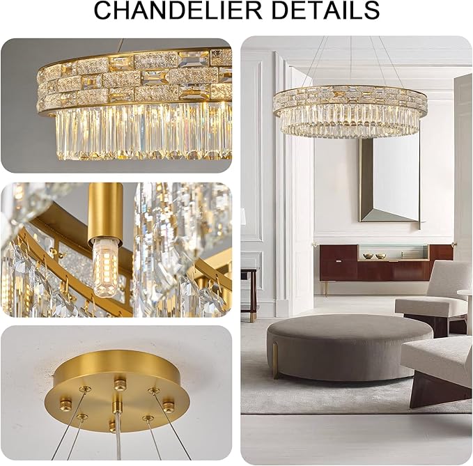 Crystal Chandelier, 31" 12-Light Large Chandelier for Living Room, Round Gold Chandeliers for Bedroom, High Ceiling Chandeliers, Foyer Lighting Fixtures Hanging Lights Dimmable