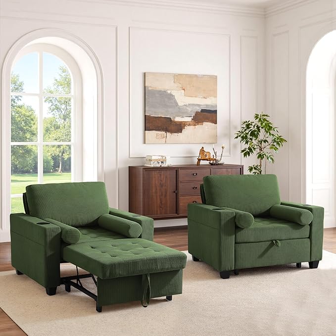 UIXE 3-in-1 Sleeper Sofa Chairs Set of 2, Pull Out Sofa Bed Convertible Reclining Seat Upholstered Armchair, Adjustable Backrest Recliner Chair with Side Pockets, Cup Holder & USB Ports - Green