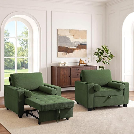 UIXE 3-in-1 Sleeper Sofa Chairs Set of 2, Pull Out Sofa Bed Convertible Reclining Seat Upholstered Armchair, Adjustable Backrest Recliner Chair with Side Pockets, Cup Holder & USB Ports - Green