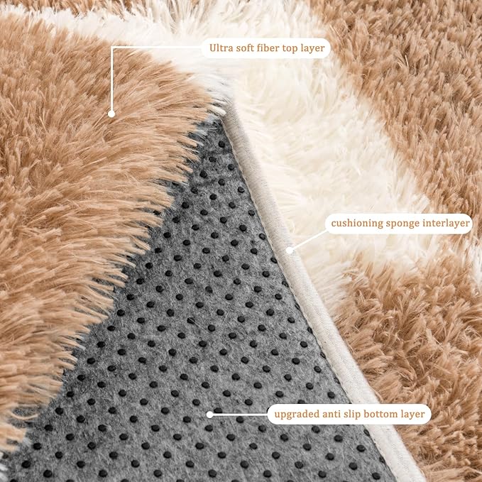 Checkered Rug for Living Room 8x10, Ultra Fluffy Fuzzy Shag Large Area Rug for Bedroom, Modern Plush Soft Upgrade Non-Slip Carpet for Kids Girls and Boys Room Dorm Home Decor, Cream and Camel