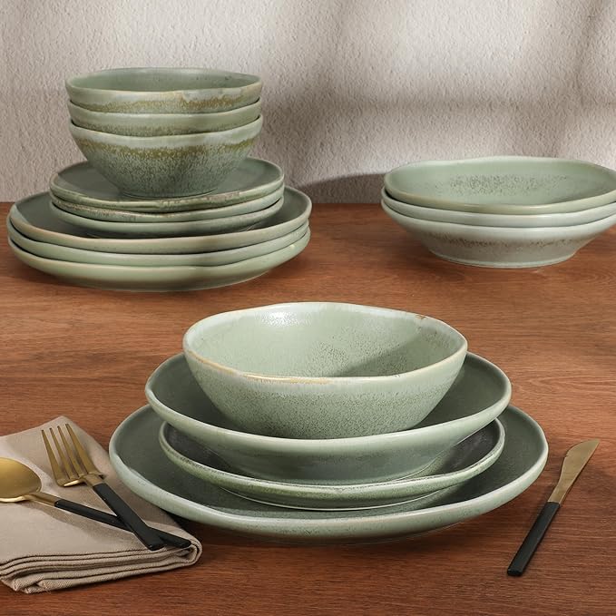 Gibson Elite Island Cove 16 Piece (Service for 4) Plates and Bowls Reactive Glaze Organic Round Dishes Stoneware Ceramic Dinnerware Set -Green