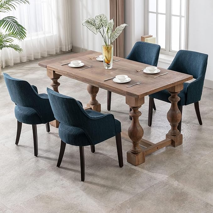 Linen Dining Chairs Set of 6 Upholstered Farmhouse Kitchen Chair with Arms Accent Chairs Side Chair with Wood Legs for Living Room/Dining Room/Bedroom/Restaurant, Blue