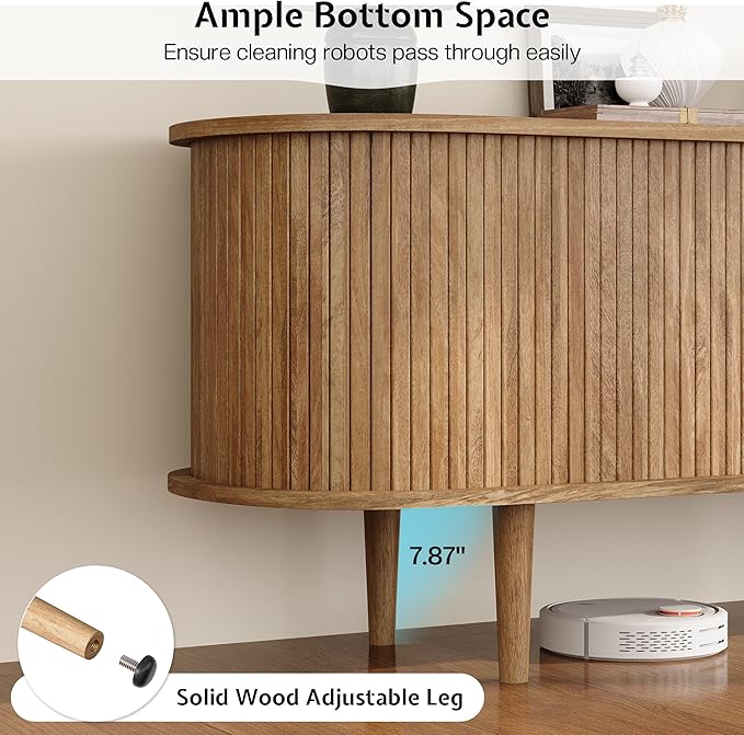 3-Piece Mid Century Modern Living Room Table Set, 70" TV Stand with Tambour Door, Nesting Round Coffee Table Set of 2, Wood Slats Entertainment Center with Storage, Natural Oak