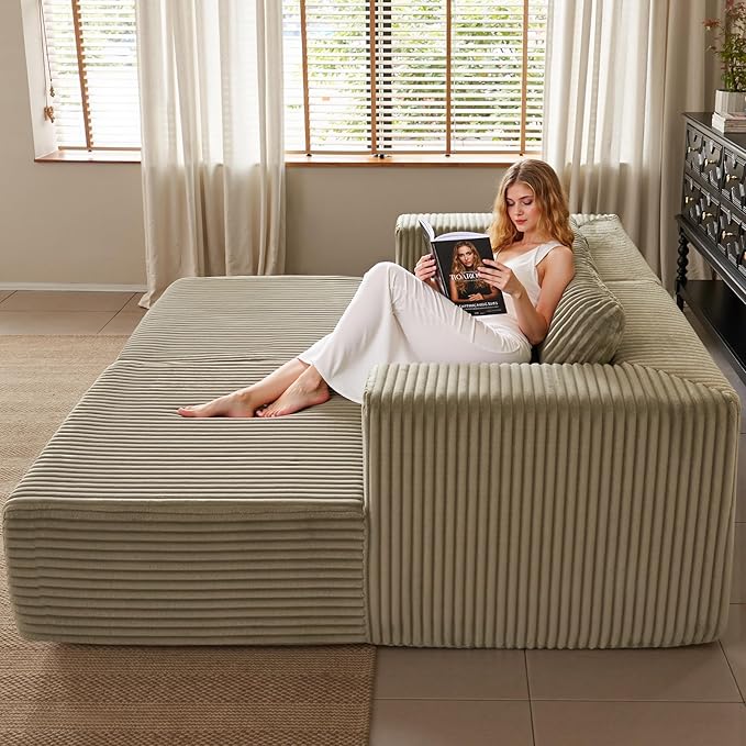 82" Oversized Chaise Lounge Chair, Corduroy Upholstered Sleeper Sofa with 4 Throw Pillows and Wide Armrest for Living Room, No Assembly Required Loveseat Couch, Foggy sage Green