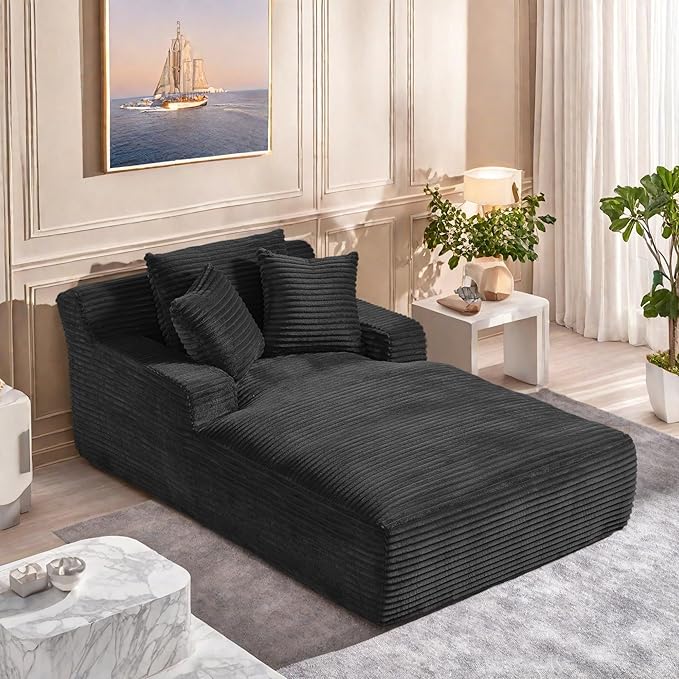 78.7” Chaise Lounge Chair Indoor, Corduroy Upholstered Boneless Sofa Bed with Throw Pillows, Comfy Lounge Sleeper Sofa with Deap Seat for Living Room Bedroom, No Assembly Required, Black