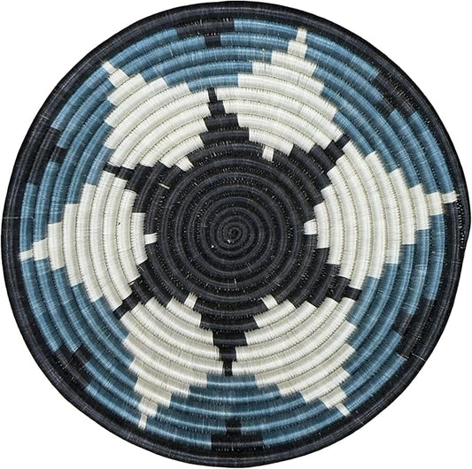 Handwoven African Basket Handmade sisal Fruit Bowl Wall Hanging decorative Baskets for Home Living Room Kitchen Centerpiece Zen Designs Arts and Crafts (Charcoal Blue White, 8in diameter)